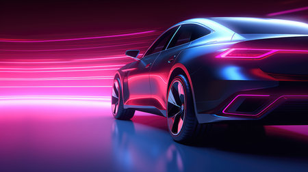3D rendering of a brand-less generic concept car in neon lightの素材