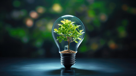 Green plant growing inside of a light bulb on dark background. Ecology conceptの素材