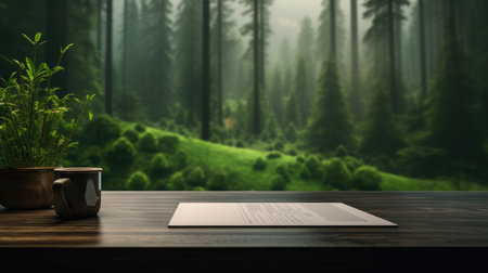 Digital composite of Wooden table with book and plant against misty forestの素材