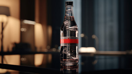 Bottle of vodka with ice cubes on table, closeup. Space for textの素材