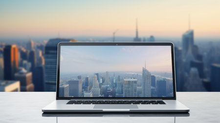 Laptop on a desk with city background. 3d rendering.の素材
