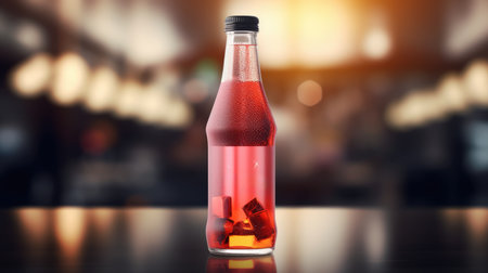 Bottle of red soda with ice cubes on bar counter. 3d renderingの素材