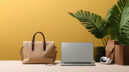 Laptop, coffee cup and bag on the desk. 3d renderingの素材