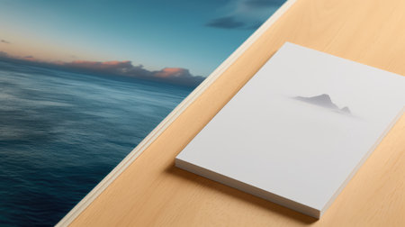 Blank white business card mockup on wooden table with sea viewの素材