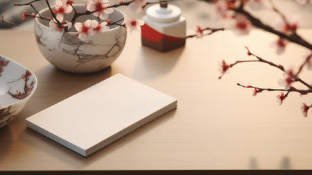 Blank card and flowers on table, closeup. Mockup for designの素材