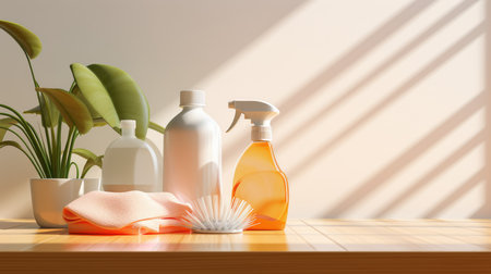 Cleaning products on a wooden table. 3d rendering mock upの素材