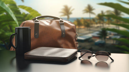 3D rendering of travel accessories on the table with sea view backgroundの素材