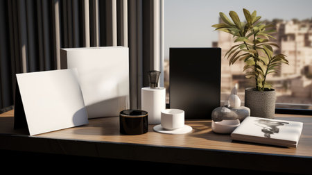 Modern interior design of living room with books, coffee table and window. 3d renderの素材