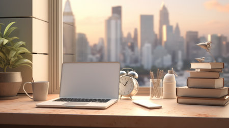 Laptop and coffee cup on wooden table with city view, 3d renderの素材