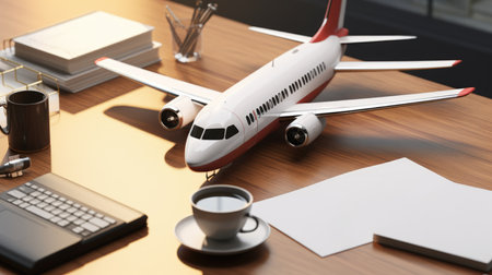 3d illustration of airplane and stationery on wooden table. Travel conceptの素材