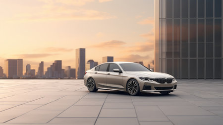 3D rendering of a brand-less generic concept car in the cityの素材