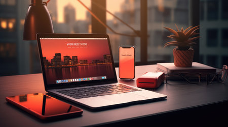 Laptop and smartphone on table in office at night 3D renderingの素材