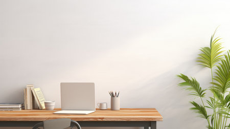 Workplace with laptop and coffee cup on wooden table. 3D renderingの素材