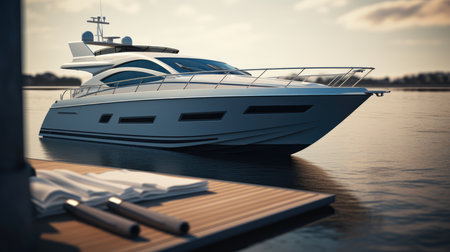 3d rendering of a luxury yacht on the water in the eveningの素材