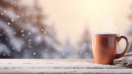 Cup of coffee on wooden table with snow and bokeh backgroundの素材