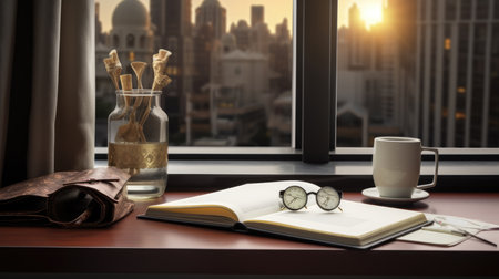 Open book, cup of coffee and notebook on the table in the roomの素材
