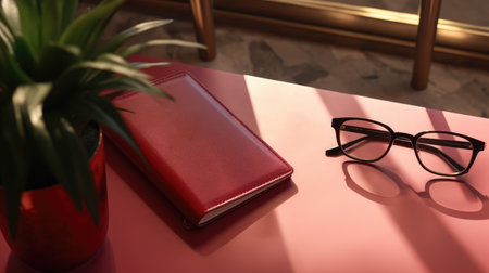 Red notebook, glasses and plant on table in office, closeupの素材