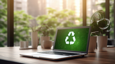 Laptop with recycle symbol on screen. Environment and ecology concept. 3D Renderingの素材