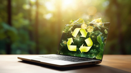 Laptop with recycling symbol on screen against green background 3D renderingの素材