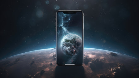 Smartphone with earth planet and space background. 3D Renderingの素材