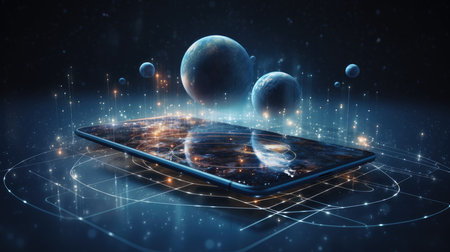 Smartphone with planet and network hologram. 3D Renderingの素材