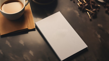 Blank stationery set with coffee cup and coffee beans on table.の素材