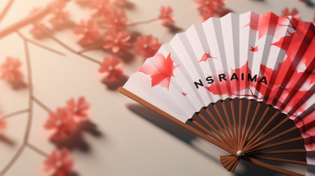 Japanese paper fan with cherry blossom on white background. 3D renderingの素材