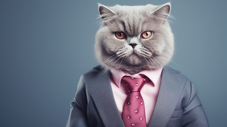 Portrait of a cat wearing a suit and tie on blue backgroundの素材