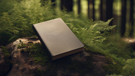 Blank book on the moss in the forest. 3d renderingの素材
