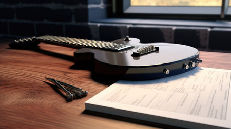 Electric guitar on the table in a music studio. 3d renderingの素材