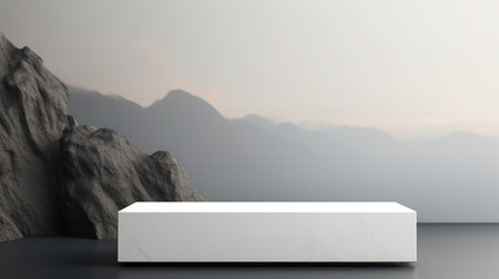 3d rendering of white marble podium for product display with mountain backgroundの素材