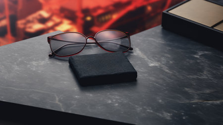 eyeglasses on black marble table in office. 3d renderingの素材