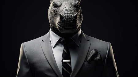Portrait of a rhinoceros in a suit and tie on a black backgroundの素材
