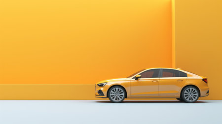 Yellow car on orange wall background. 3D rendering. Yellow car.の素材
