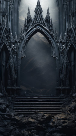 Fantasy landscape of a Gothic cathedral with stairs leading to the entranceの素材