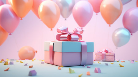 Gift box with pink bow and balloons. 3D rendering.の素材