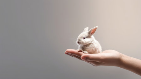Rabbit in female hand isolated on gray background. Copy space.の素材