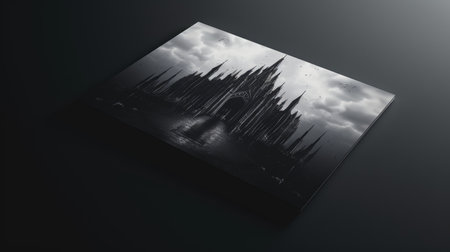 A 3d render of a black book with a picture of a city.の素材