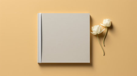 Blank book mockup with white tulip flower on yellow backgroundの素材