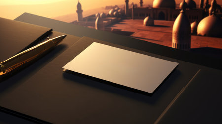 Blank business card on table with Taj Mahal in background, 3d renderの素材