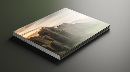 3d render of a book with landscape image in the background.の素材