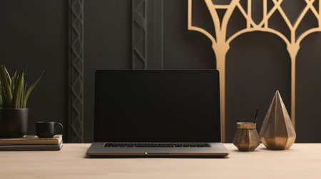 Laptop with blank screen on a wooden table. 3d renderingの素材