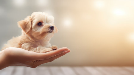 Cute little Maltese puppy in human hand on blurred background.の素材