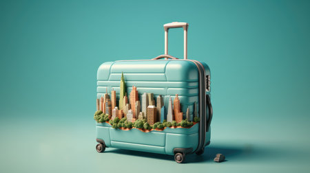 Blue suitcase with a city on top. Travel concept. 3d renderingの素材