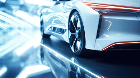 Close-up of a modern sports car in motion. 3d renderingの素材