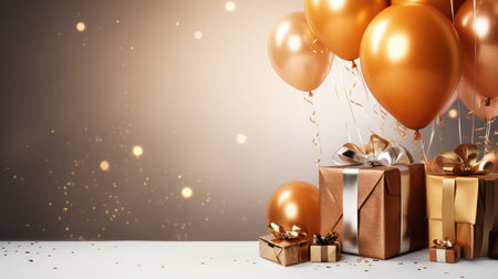 Gift boxes with golden balloons. 3d rendering. Festive background.の素材