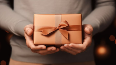 Female hands holding a gift box on bokeh background, closeupの素材
