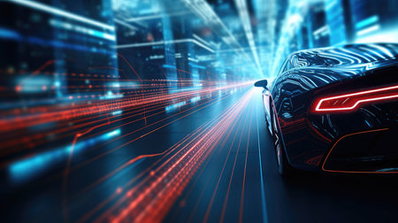 Modern car on the road at night with high speed. 3d renderingの素材