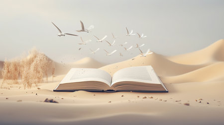 Open book with flying seagulls and sand dunes backgroundの素材
