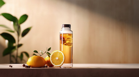Bottle of essential oil with citrus fruits on table against blurred backgroundの素材